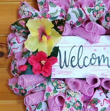 Welcome Flamingo with Flowers Wreath #5