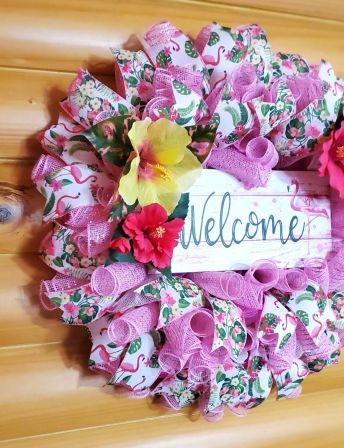 Welcome Flamingo with Flowers Wreath #3