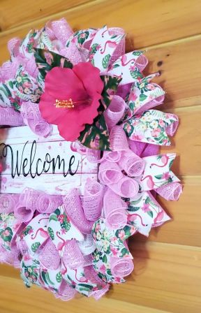 Welcome Flamingo with Flowers Wreath #2